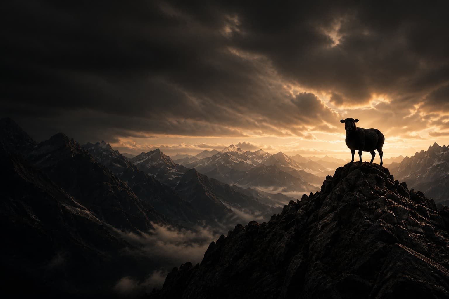 A lone black sheep standing on a mountain summit at sunset